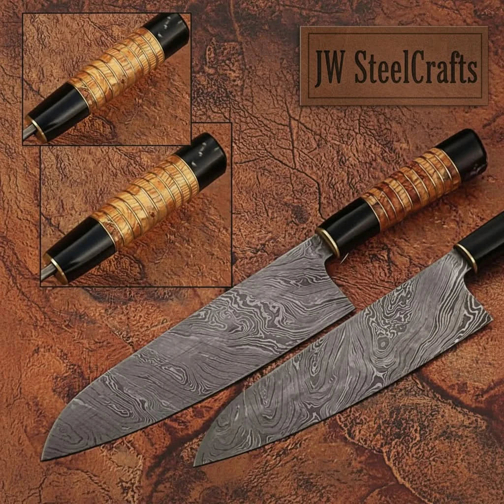 Black bolster chef knife set with golden ribbed handles and flowing blade patterns