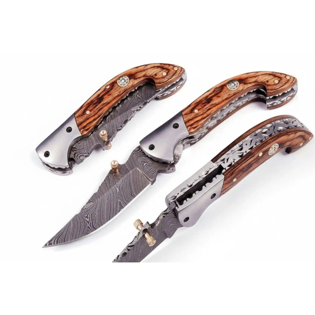     Timberedge custom pocket knife with Damascus steel finish and elegant handcrafted wooden scale handle appearance