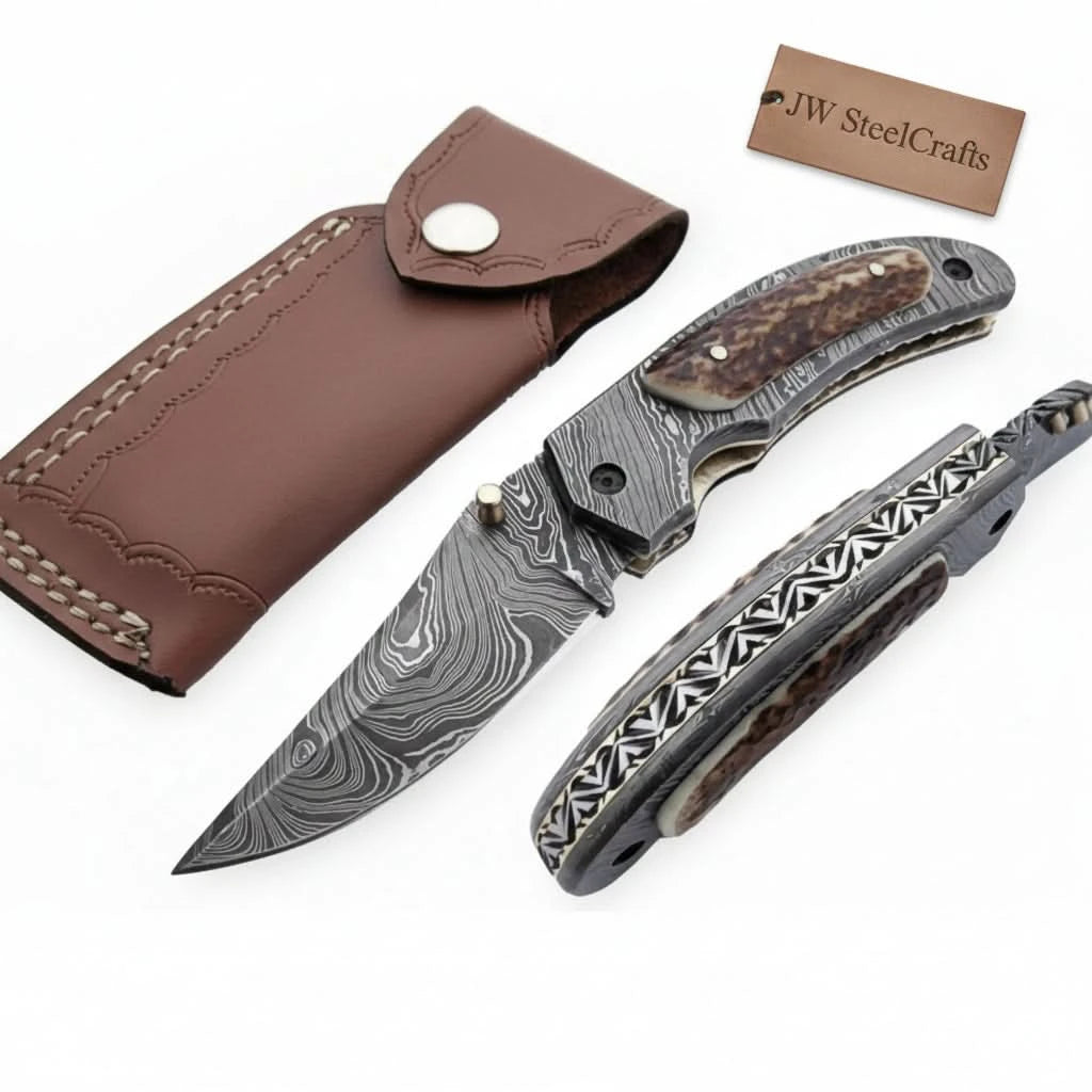     Bronzeforge EDC folding knife with rugged handle design and razor sharp Damascus steel cutting blade