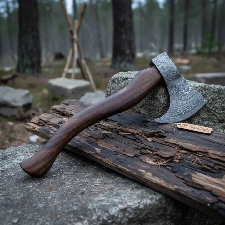 Stone-inspired Viking combat hatchet displaying artistic Damascus steel textures and handcrafted wood handle.