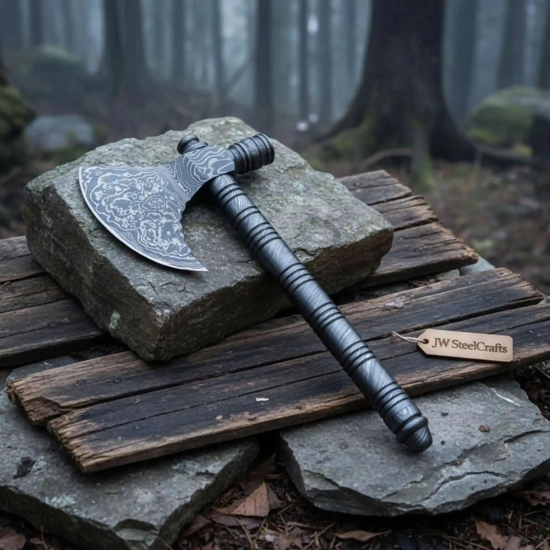 Quartz-inspired Viking rustic hatchet featuring artistic steel textures and rugged tactical craftsmanship.