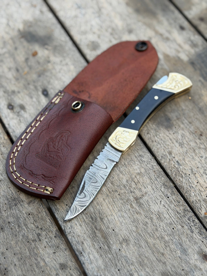 Handmade Brass Crown Folding Hunter 8" with black resin and horn handle
