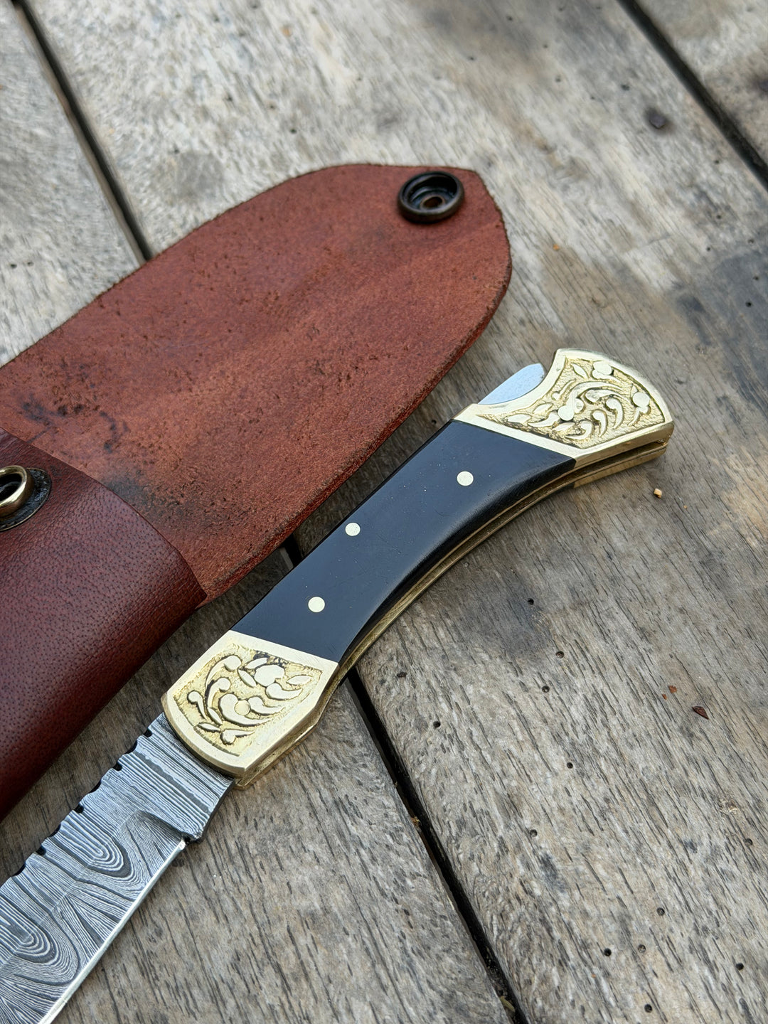Handmade Brass Crown Folding Hunter 8" with black resin and horn handle