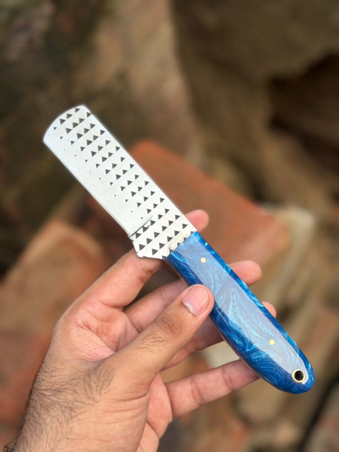 Handmade Farrier Bull Rasp Knife 8" with blue and white swirl resin handle