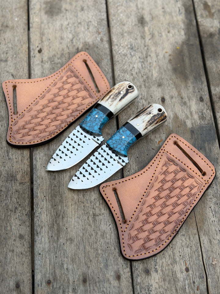 Handmade Turquoise Antler Skinner Duo set of 2 with natural stag antler handles