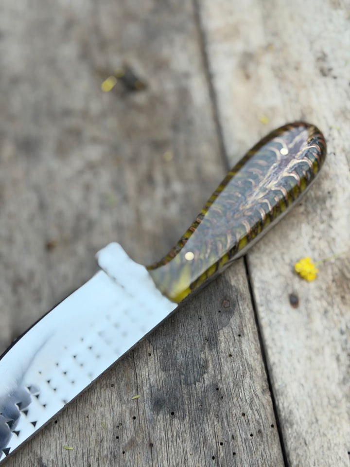 Handmade Amber Wave Skinner Knife 8" with carved amber and resin handle