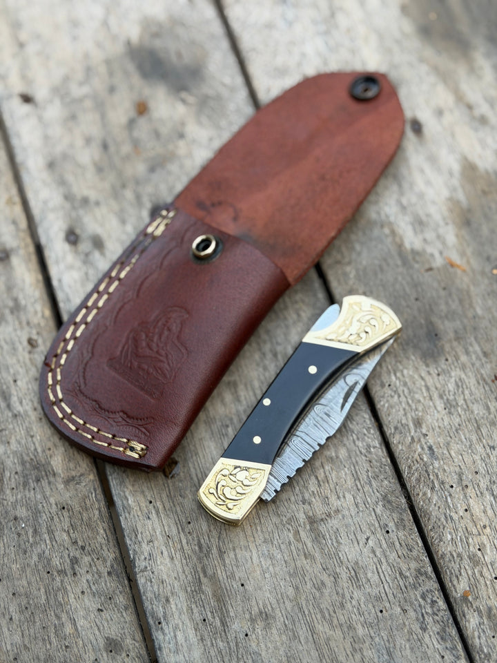 Handmade Brass Crown Folding Hunter 8" with black resin and horn handle