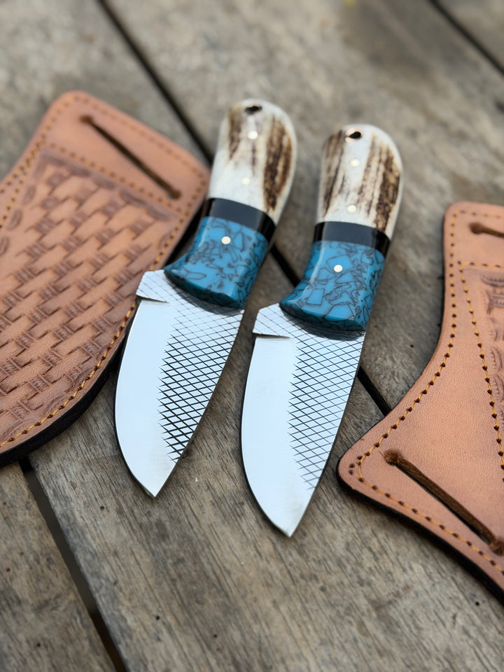 Handmade Turquoise Antler Skinner Duo set of 2 with natural stag antler handles