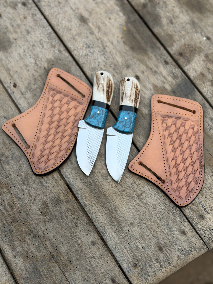 Handmade Turquoise Antler Skinner Duo set of 2 with natural stag antler handles