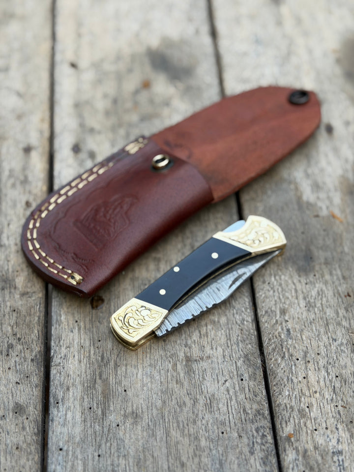Handmade Brass Crown Folding Hunter 8" with black resin and horn handle