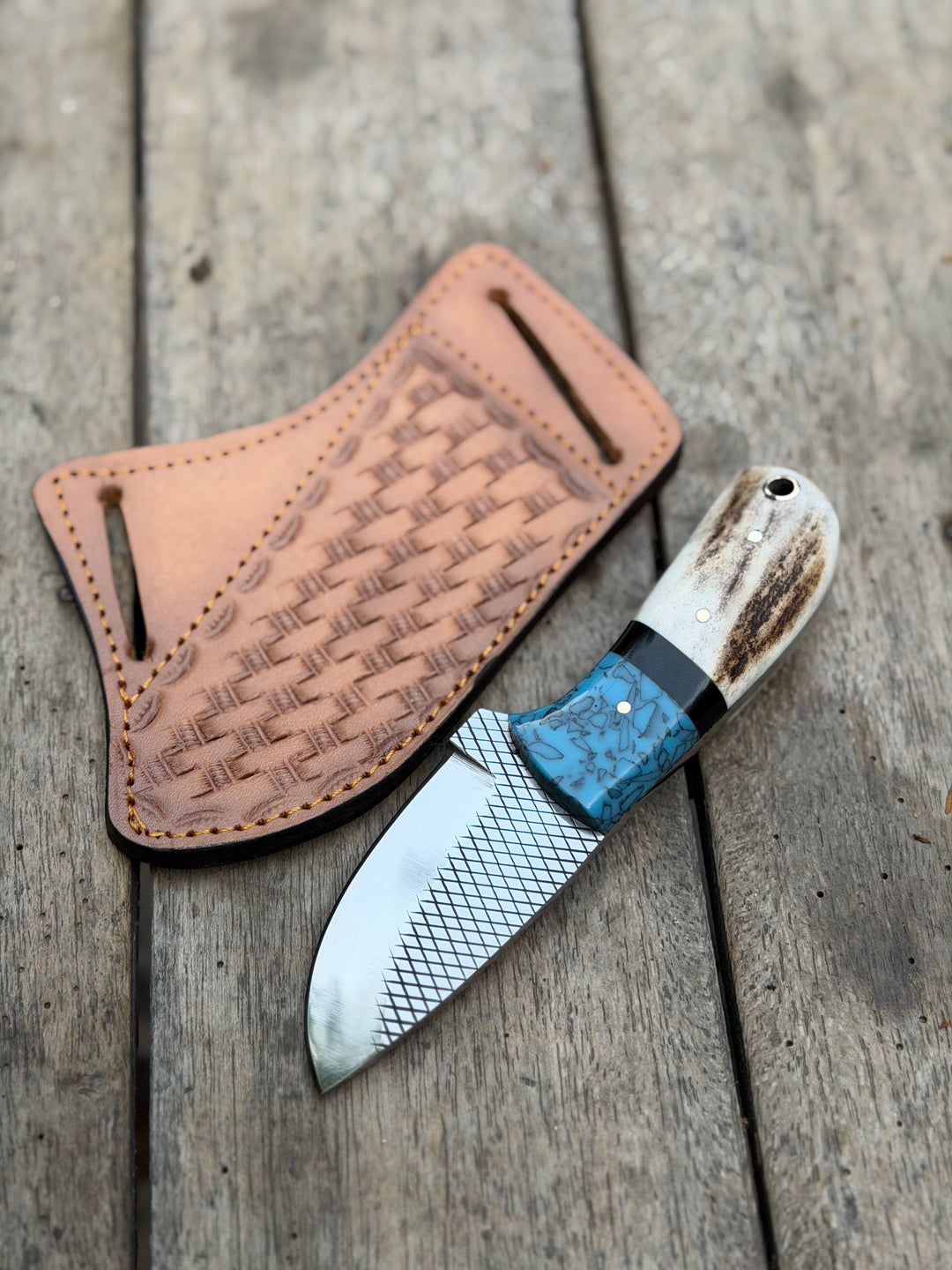 Handmade Turquoise Antler Skinner Duo set of 2 with natural stag antler handles
