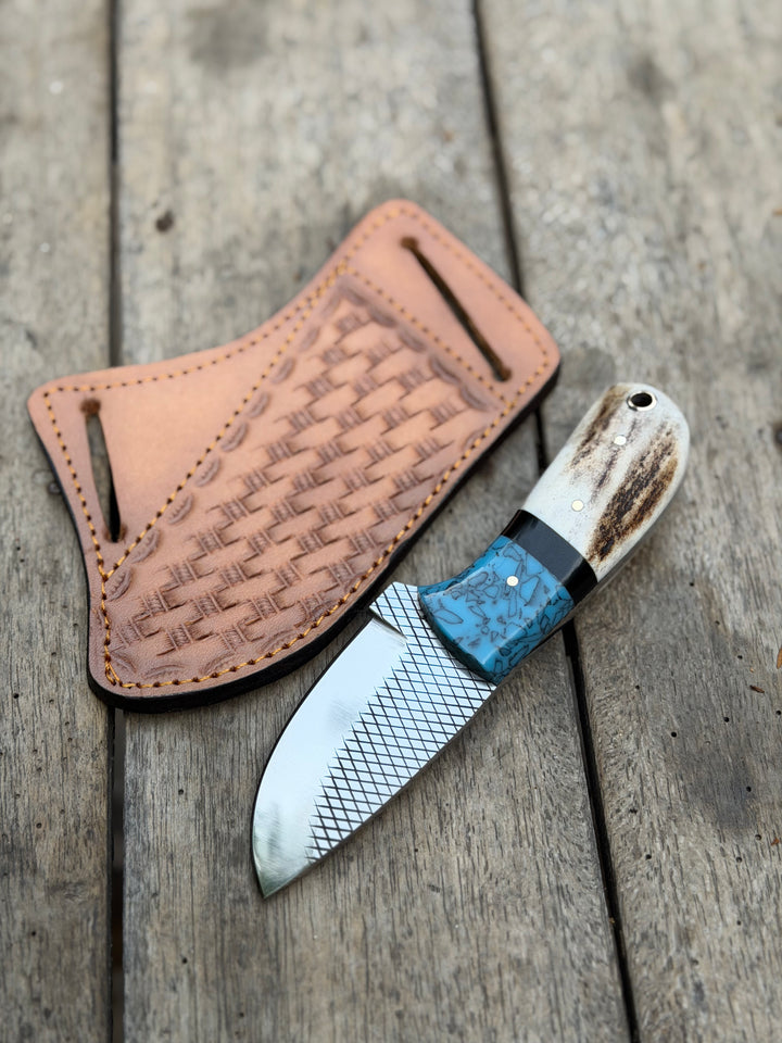 Handmade Turquoise Antler Skinner Duo set of 2 with natural stag antler handles