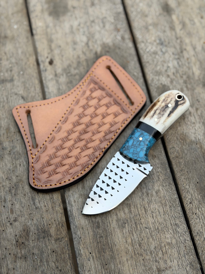 Handmade Turquoise Antler Skinner Duo set of 2 with natural stag antler handles