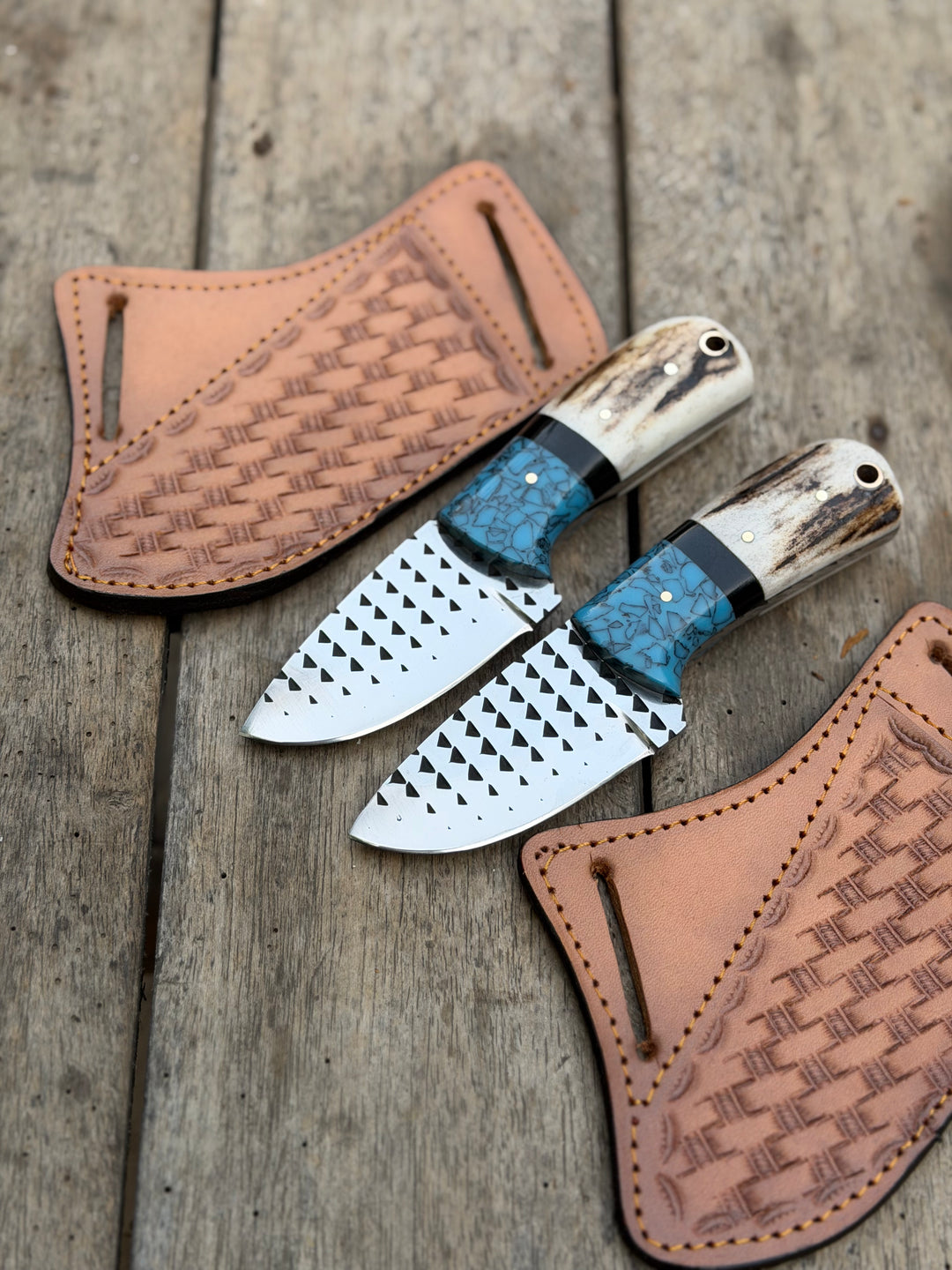 Handmade Turquoise Antler Skinner Duo set of 2 with natural stag antler handles