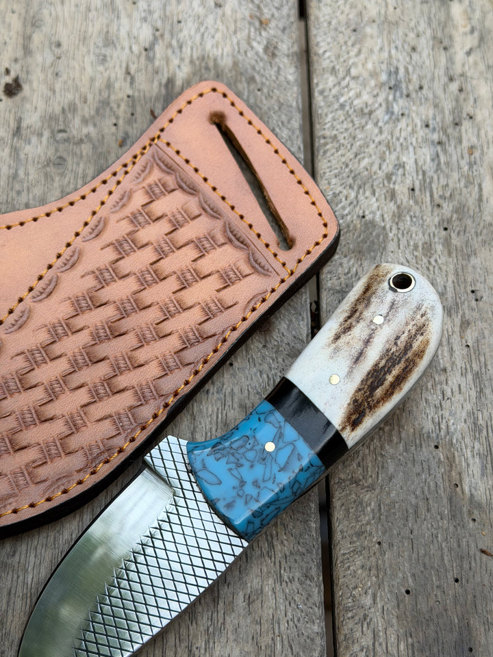 Handmade Turquoise Antler Skinner Duo set of 2 with natural stag antler handles