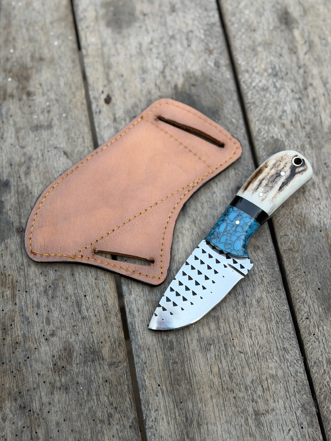 Handmade Turquoise Antler Skinner Duo set of 2 with natural stag antler handles