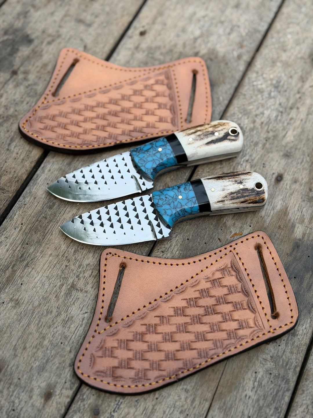 Handmade Turquoise Antler Skinner Duo set of 2 with natural stag antler handles