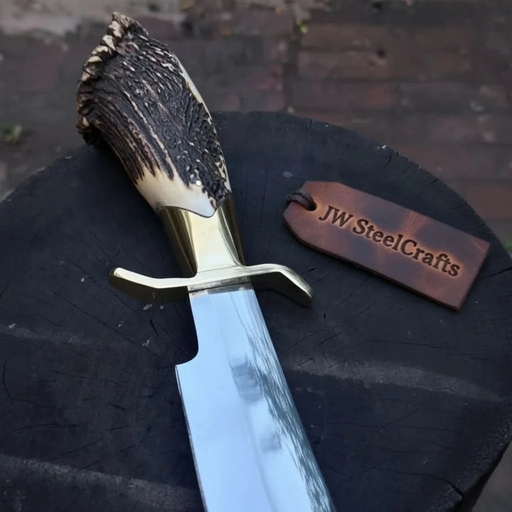 Handmade Carbon Steel Hunting Knife with Stag Horn Handle &amp; Leather Sheath