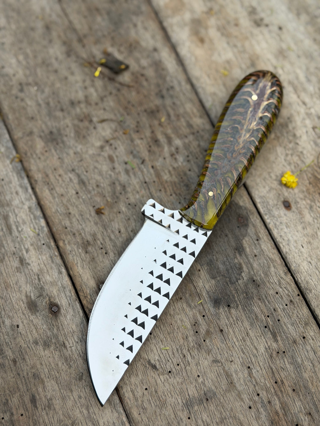 Handmade Amber Wave Skinner Knife 8" with carved amber and resin handle