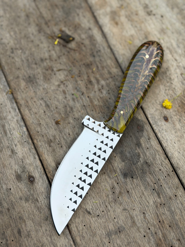 Handmade Amber Wave Skinner Knife 8" with carved amber and resin handle