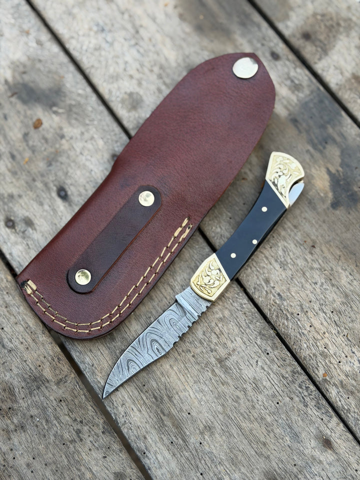 Handmade Brass Crown Folding Hunter 8" with black resin and horn handle