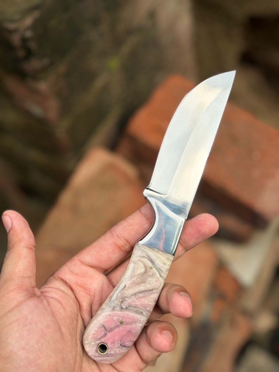 Handmade Pearl Ash Skinning Knife 9" with pearl white and grey marble resin handle