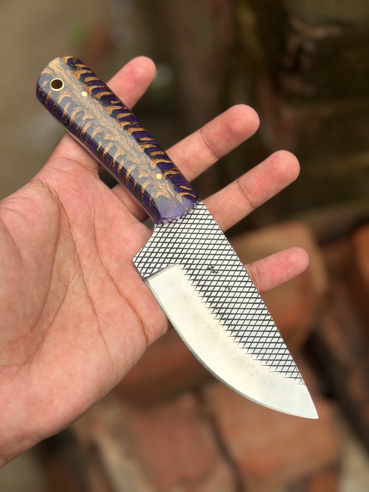 Handmade Midnight Feather Cowboy Knife 8" dark blue resin handle