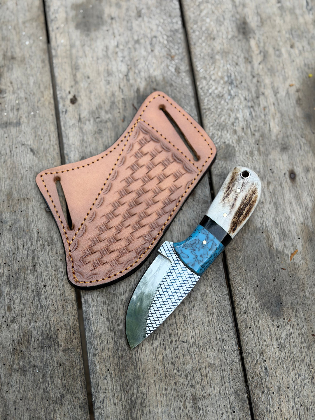 Handmade Turquoise Antler Skinner Duo set of 2 with natural stag antler handles