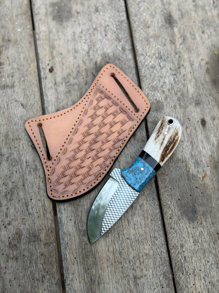 Handmade Turquoise Antler Skinner Duo set of 2 with natural stag antler handles