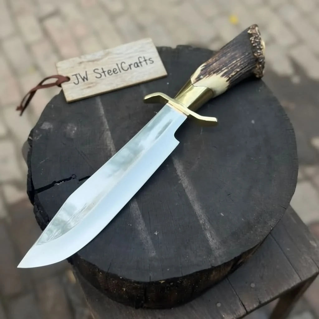 Handmade Carbon Steel Hunting Knife with Stag Horn Handle &amp; Leather Sheath