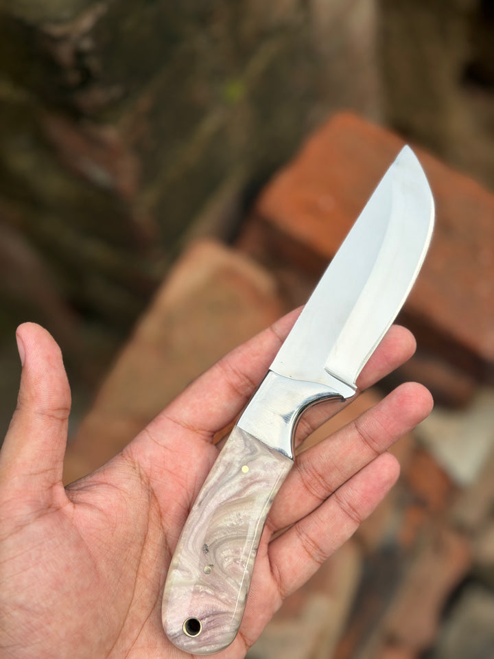 Handmade Pearl Ash Skinning Knife 9" with pearl white and grey marble resin handle