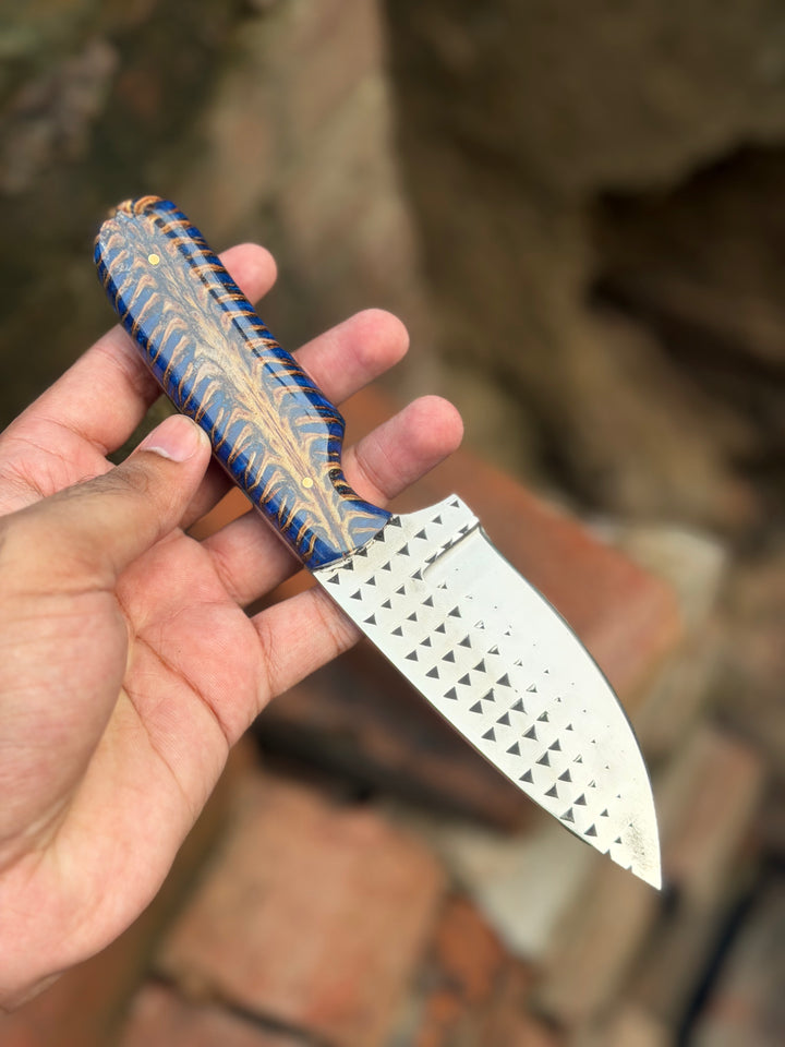 Handmade Blue Rustler Cowboy Knife 9" with blue and brown swirl resin handle