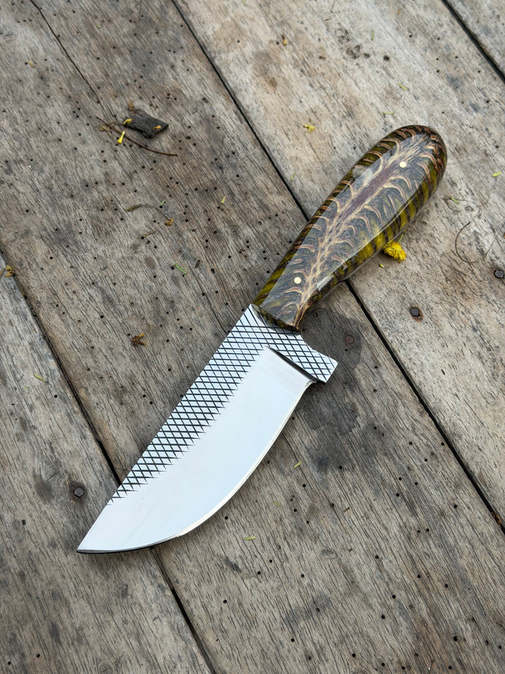 Handmade Amber Wave Skinner Knife 8" with carved amber and resin handle