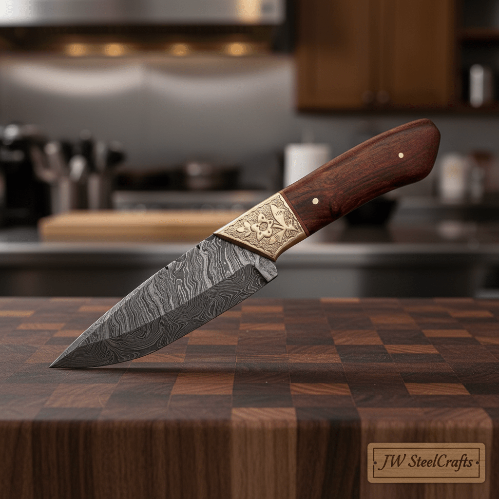     Built with a Damascus steel blade, this kitchen knife includes a dark wood handle and engraved brass accent.