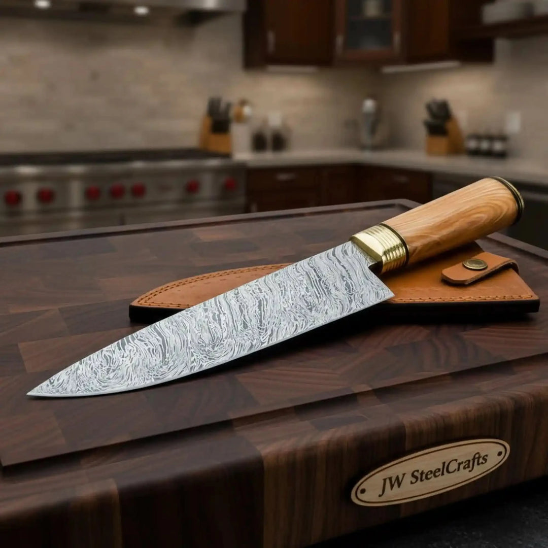 Fire Damascus Chef Knife with Olive Wood & Brass Handle (Full Tang) handmade Damascus Steel Chef Knives