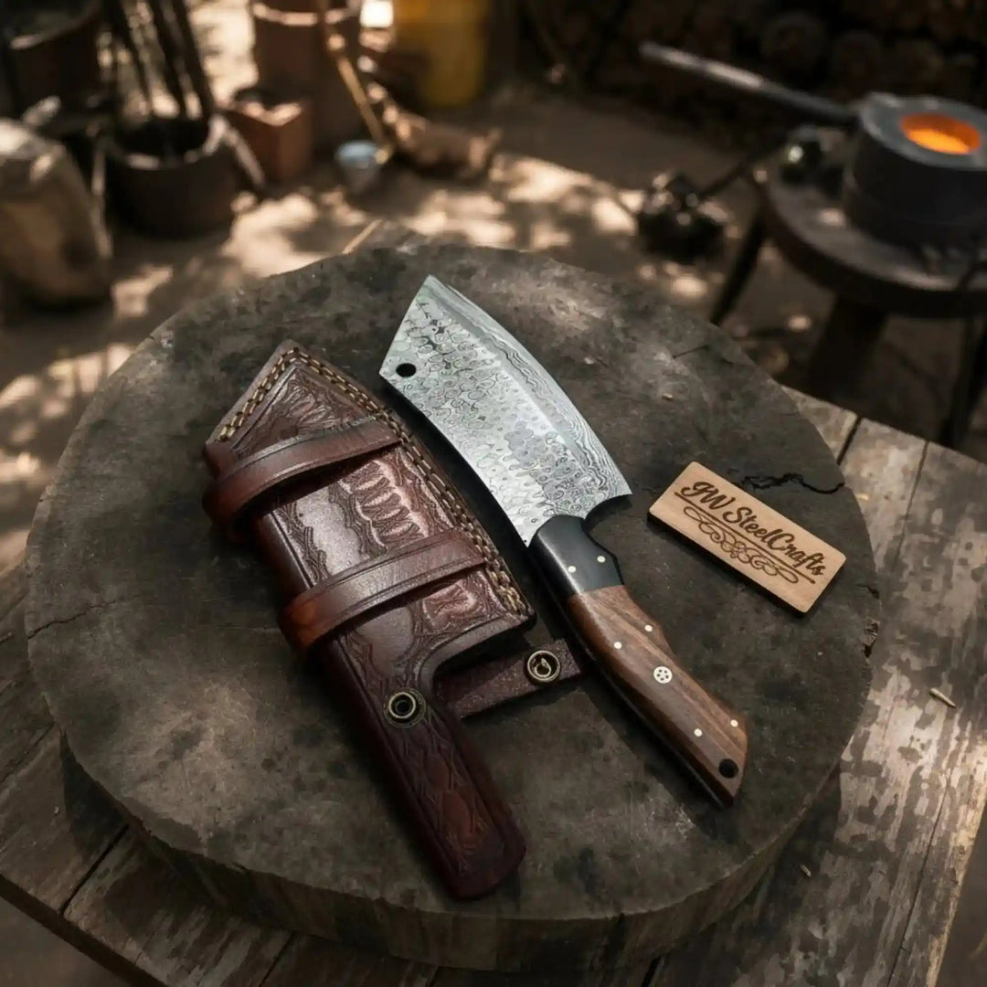Compact cleaver knife with patterned steel blade and custom leather case on wooden surface