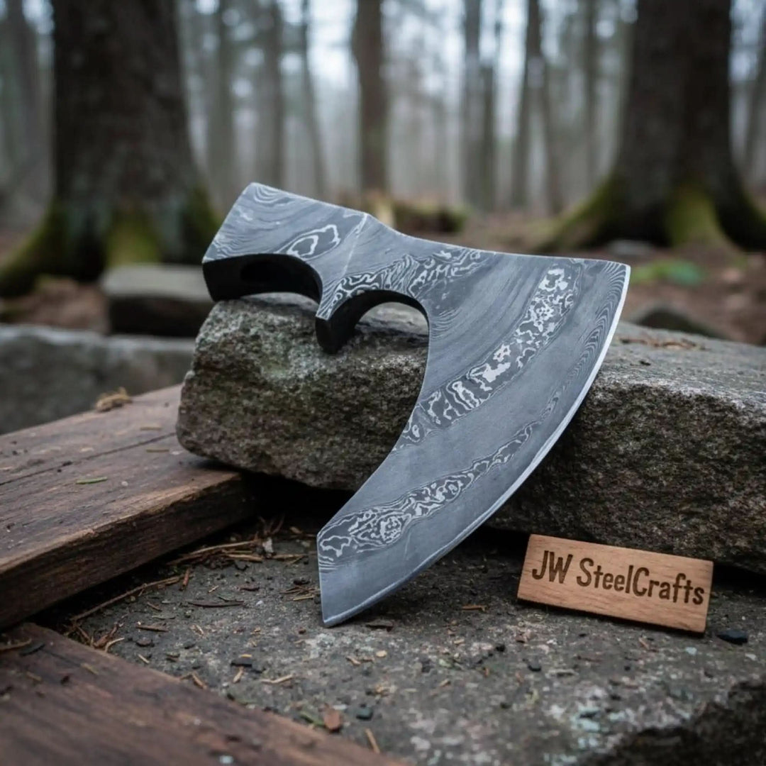     Collector Damascus axe head design with symmetrical curved edges and layered forged steel detail