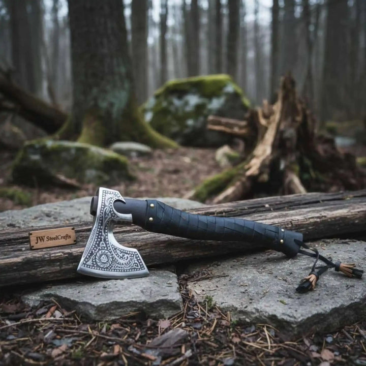 Viking bearded axe side profile showing carbon steel blade with decorative engraving and carved wood handle detail

