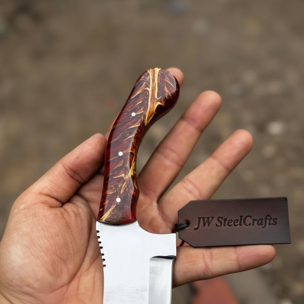 Forest survival knife with wood grip, polished drop point blade, and brand tag placed on a cut tree stump.