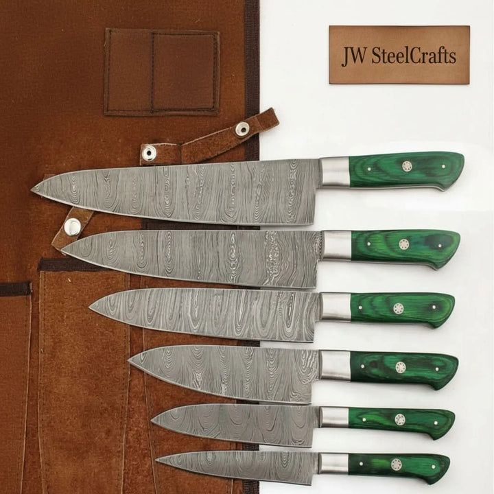 Professional Damascus chef knives showcasing handcrafted steel craftsmanship and balanced ergonomic handle construction.