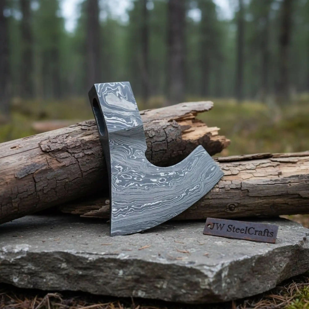     Decorative Damascus survival axe head blank with visible layered steel craftsmanship outdoors