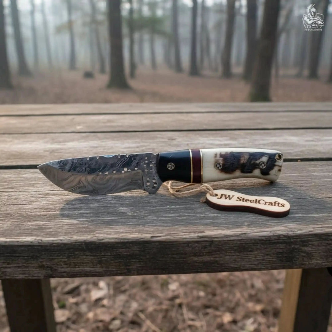 Sharp hammered steel knife with stag handle, mosaic pins, patterned cutting edge, and rustic tree stump surface.