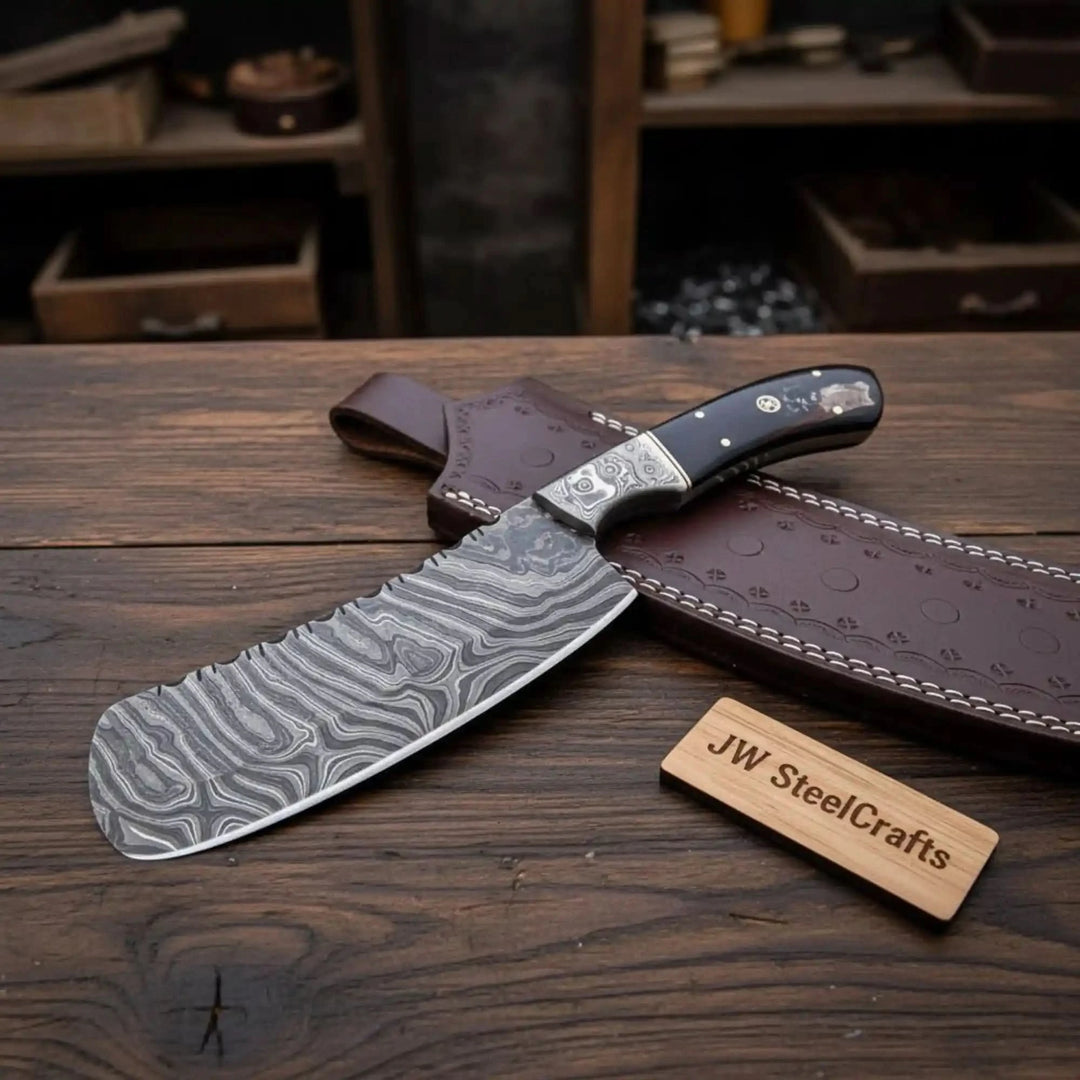 Toothed edge Damascus kitchen chopper displayed with stitched leather cover and brand tag