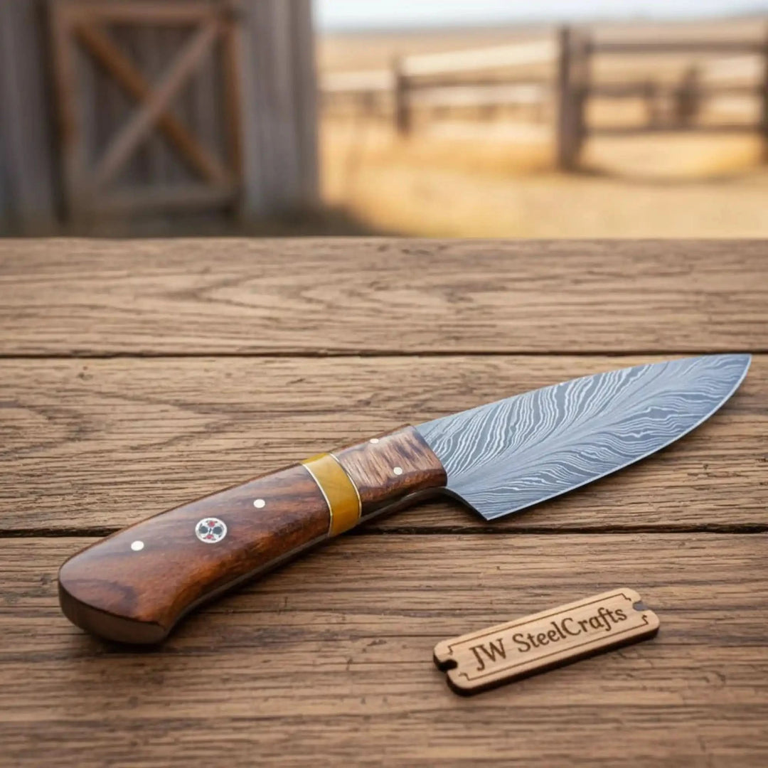 Close-up of Damascus blade chef knife with detailed layered steel grain patterns.