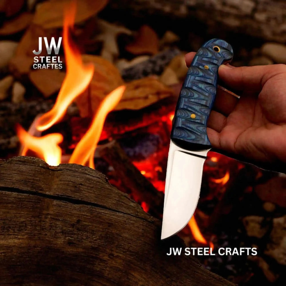 Smooth blade knife with blue patterned handle, brass pins, brown sheath, and blue textured display background.
