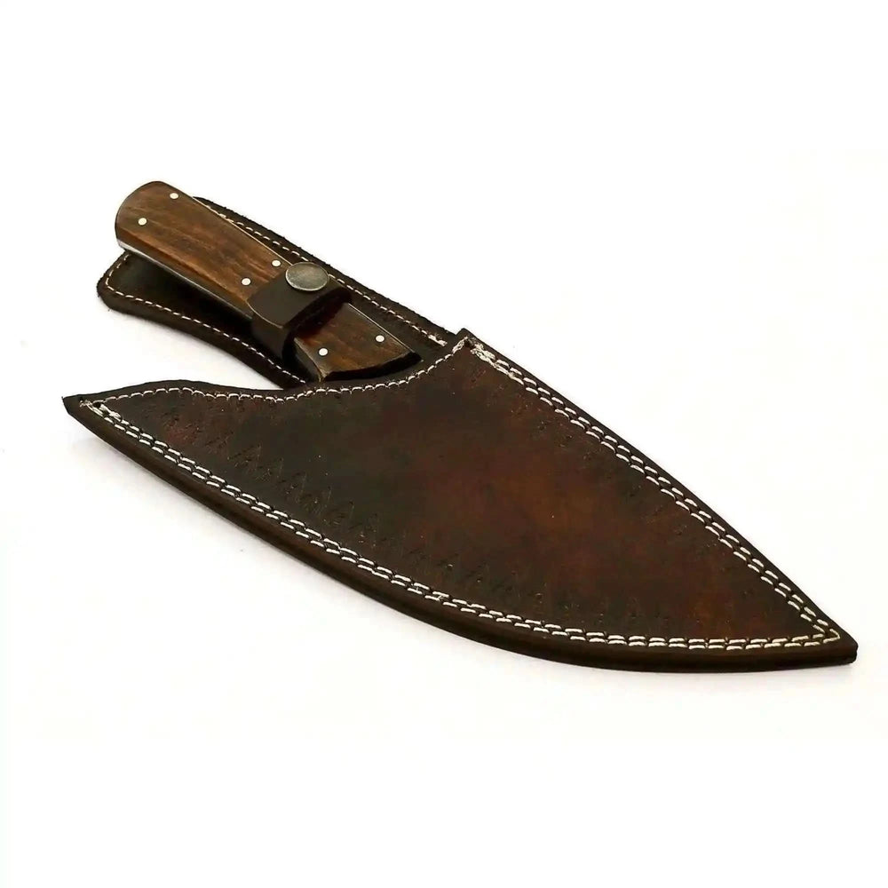 Covered wood handle Damascus knife showing stitched leather sheath and snap strap closure