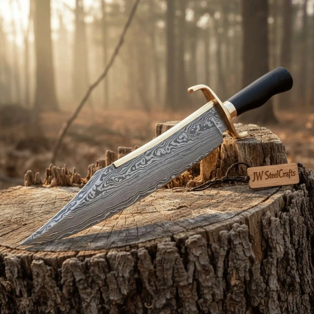 Sheffield Clip Point Bowie Knife Brass Spine Damascus or Polished Blade Exotic Handle handmade Clip Point Bowie Knives by JW SteelCrafts