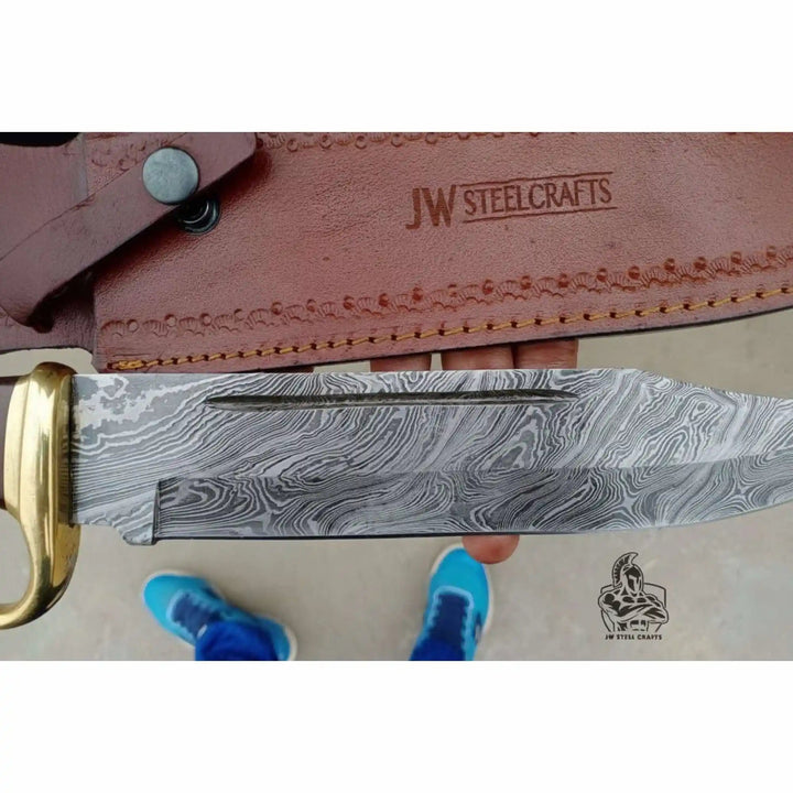 Sheffield Clip Point Bowie Knife Handmade Damascus Steel Blade Brass Guard Leather Sheath JW SteelCrafts handmade Clip Point Bowie Knives by JW SteelCrafts