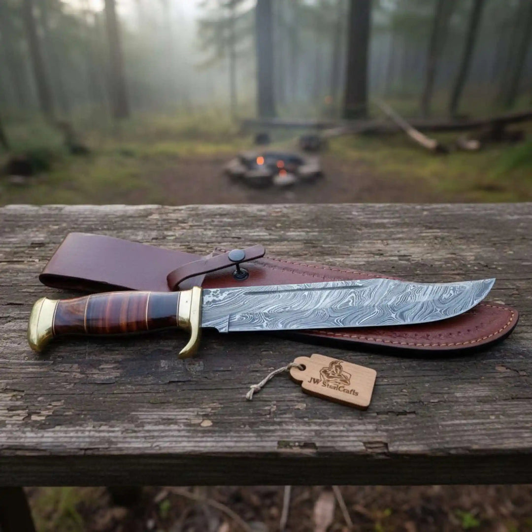 Sheffield Clip Point Bowie Knife Handmade Damascus Steel Blade Brass Guard Leather Sheath JW SteelCrafts handmade Clip Point Bowie Knives by JW SteelCrafts