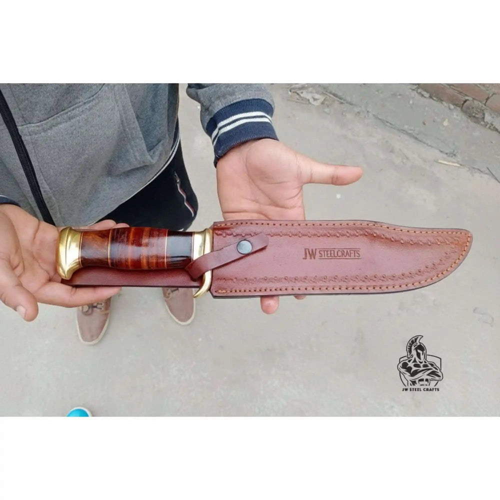 Sheffield Clip Point Bowie Knife Handmade Damascus Steel Blade Brass Guard Leather Sheath JW SteelCrafts handmade Clip Point Bowie Knives by JW SteelCrafts